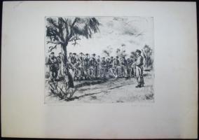 Iván Szilárd (1912-1988): Harcászati megbeszélés, rézkarc, karton, jelzett, 35×49 cm