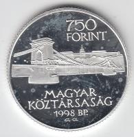 1998. 750Ft Ag "Budapest egyesítésének 125. évfordulója" T:PP dísztokban tanúsítvánnyal