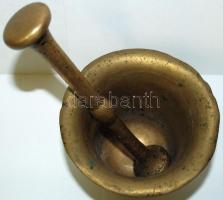 Cca. 1900 bronz füles mozsár (12 cm, 1,4 kg) és törője (22 cm, 0,6 kg.), viseltes állapotban