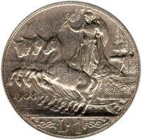 Olaszország 1908R 1L Ag "III. Viktor Emanuell / Álló nőalak négyesfogaton" (5,0g) T:2 Italy 1908R 1 Lira Ag "Vittorio Emanuele III / Quadriga with standing female figure" (5,0g) C:XF Krause 45.