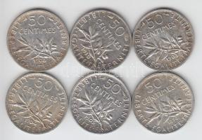 Franciaország 1889. 50c Ag + 1903. 50c Ag + 1904. 50c Ag + 1905. 50c Ag + 1908. 50c Ag + 1910. 50c A...