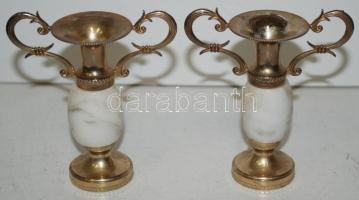 Mini réz, alabástrom amfora pár, m:10 cm, jó állapotban