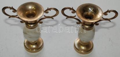 Mini réz, alabástrom amfora pár, m:10 cm, jó állapotban