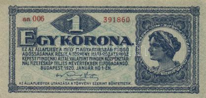 1920. 1K piros "aa" sor és sorozatszám (3x) egymás utáni sorszámokkal T:I-,II