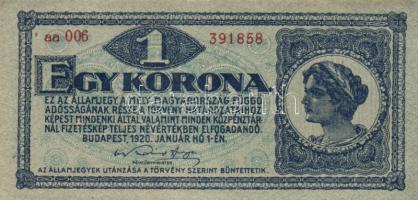 1920. 1K piros "aa" sor és sorozatszám (3x) egymás utáni sorszámokkal T:I-,II