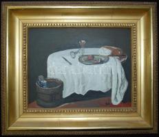 NA jelzéssel: Asztali csendélet, olaj, farost, szép kerettel 31×37 cm