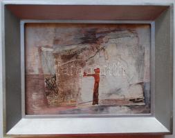 Kopócsy Judit (1947-): A fal, vegyes technika, farost, jelzés hátul, üvegezett keret 18×23 cm