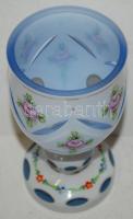 Fehér üveg kézzel festett díszpohár, több rétegű, csiszolt, metszett, hibátlan, m:16 cm
