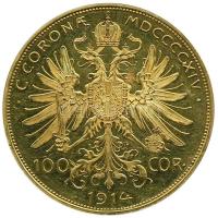 Ausztria 1914. 100K Au "Ferenc József" (33.9g/0.900) T:2 ph. Csak 1195db! R! Austria 1914. 100 Corona Au "Franz Joseph" (33.9g/0.900) C:XF edge error. Only 1195 examples! R! Krause 2819.