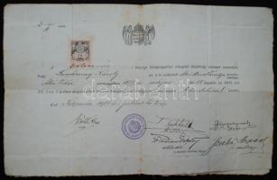 1901 Közigazgatási vizsga bizonyítvány 2K okmánybélyeggel 40x25 cm
