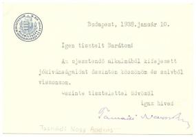 1938 Tasnádi Nagy András későbbi igazságügyi-miniszter aláírása üdvözlőkártyán