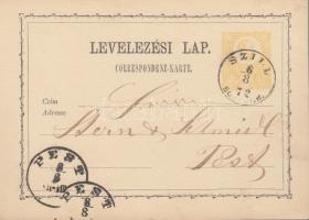 1872 2kr díjjegyes levelezőlap / PS-card &quot;SZILL/SOMOGY M.&quot; - &quot;PEST&quot;