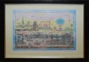 Gross Arnold jelzéssel: Művészek kertje, nyomat, szép üvegezett keretben, 43×51 cm