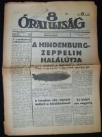 1937 A 8 órai újság május 8.-i száma a Hindenburg zeppelin katasztrófájáról szóló tudósítással