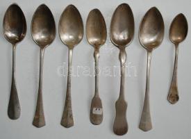 cca 1900 7db jelzett, mesterjegyes, ezüst (Ag) kiskanál, kettő címerrel / Vintage silver tea and coffee spoons, 175gr 