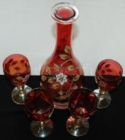 Cca 1920, kézzel festett boros készlet hiányosan, dugó nélkül, hibátlanok, m:31 cm , poharak m:15 cm