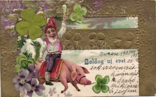 New Year dwarf Emb. silk card litho