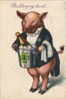 New Year pig, champagne