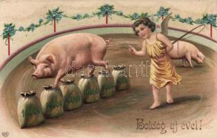 New Year pig circus Emb. litho