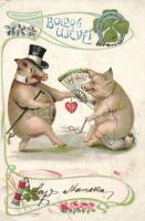 New Year pig couple, Art Nouveau litho (EK)