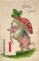 New Year pig, mushroom litho (fl)