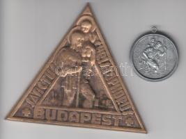 DN "Szent Kristóf Budapest" háromszögletű Br plakett (105x105x105mm) + Szent Kristóf ón medál T:3,2