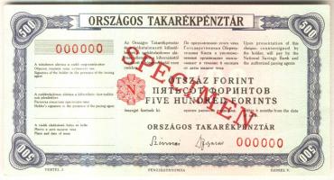 ~1960. "Országos Takarékpénztár" 500Ft Csekk "SPECIMEN" felülbélyegzéssel 000000-ás sorozat T:I-