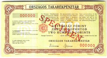 ~1960. "Országos Takarékpénztár" 200Ft Csekk "SPECIMEN" felülbélyegzéssel 000000-ás sorozat T:I-