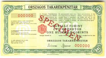 ~1960. "Országos Takarékpénztár" 100Ft Csekk "SPECIMEN" felülbélyegzéssel 000000-ás sorozat T:I-