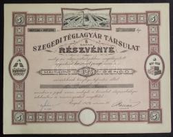 1926. Szegedi Téglagyár Társulat részvénye 125P-ről szelvényekkel, jó állapotban 