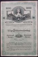 Ausztria 1917. 4 1/2%-os Államadóssági kötvény 1000K-ról szelvényekkel Austria 1917. Public Debt Bond about 1000 Corona with coupons