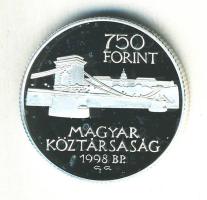 1998. 750Ft Ag "Budapest egyesítésének 125. évfordulója" T:PP dísztokban tanúsítvánnyal