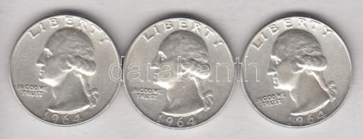 Amerikai Egyesült Államok 1964. 1/4$ Ag "Washington" (3x) T:2- USA 1964. 1/4 Dollar Ag "Washington" (3x) C:XF