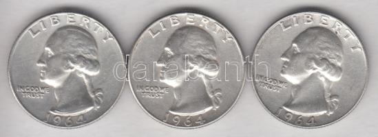 Amerikai Egyesült Államok 1964D 1/4$ Ag "Washington" (3x) T:2- USA 1964D 1/4 Dollar Ag "Washington" (3x) C:XF