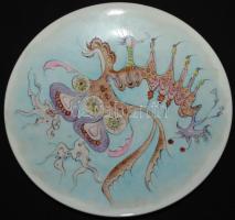 Simó Ágoston (1925-2011): Állat és virág, egyedi mintázatú, kézzel festett, jelzett dísztányér /  Porcelain plate with individual design, d: 24,5cm