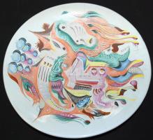 Simó Ágoston (1925-2011): Organikus formák. Egyedi mintázatú, kézzel festett, jelzett, nagyméretű dísztányér. Repedt (!) /  Hand painted porcelain plate with individual design, with fault d: 31cm