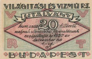 Budapest 1920. "Világítási és Vízmű R.T." Utalványa 20f, 50f, 1K, 2K, 5K, 10K T:I