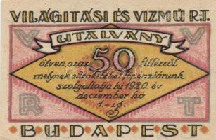 Budapest 1920. "Világítási és Vízmű R.T." Utalványa 20f, 50f, 1K, 2K, 5K, 10K T:I