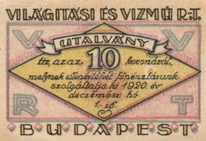 Budapest 1920. "Világítási és Vízmű R.T." Utalványa 20f, 50f, 1K, 2K, 5K, 10K T:I