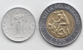 Olaszország 1952. 5L "XII. Piusz Pápa" T:2- + 1995. 500L "II. János Pál Pápa" T:1 Italy 1952. 5 Lira "Pius XII" C:VF + 1995. 500 Lira "Pope John Paul II" C:UNC
