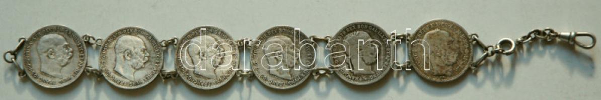 Ausztria 1899-1916. 1K Ag (5x) + Magyarország 1893. 1K Ag az érmék karláncként összefűzve T:2,2-,3 Austria 1899-1916. 1 Corona Ag (5x) + Hungary 1893. 1 corona Ag, coins are stapled as a bracelet C:XF,VF,F