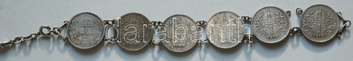 Ausztria 1899-1916. 1K Ag (5x) + Magyarország 1893. 1K Ag az érmék karláncként összefűzve T:2,2-,3
A...