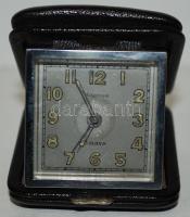 Looping összecsukható 8 napos svájci utazóóra saját bőrtokjában, nem jár / 8 days Swiss travel watch in leather case, does not work, 7x6cm