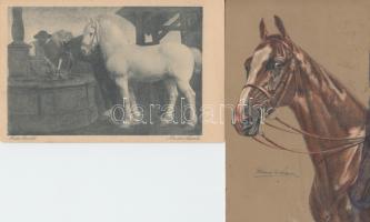 Lovak - 2 db régi, szignós képeslap