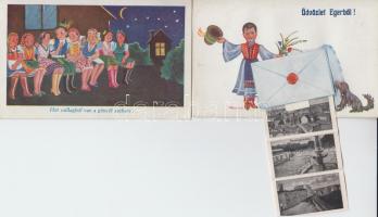 cca. 1930-1960 22 db színes vidám, magyar népies stílusú üdvözlőlap