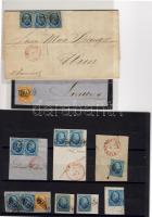 1854. 11 db bélyeg 7 kivágáson + 2 db levél Bécsbe ill. Londonba / 11 Marken auf 7 Ausschnitten + Brief nach London bzw. Wien