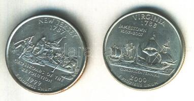 Amerikai Egyesült Államok 1999. 1/4$ "New Jersey" + 2000. 1/4$ "Nyugat-Virginia" T:2 USA 1999. Quarter Dollar "New-Jersey" + Quarter Dollar "West Virginia" C:XF