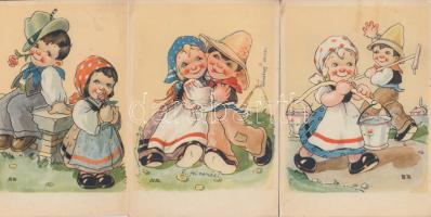 3 db régi, humoros, grafikai motívumlap különböző népviseletekben szereplő gyerekekkel