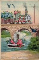 Name day, floral locomotive, steamship litho (EK)