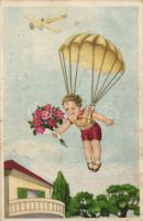 Greeting card, aeroplane, parachute